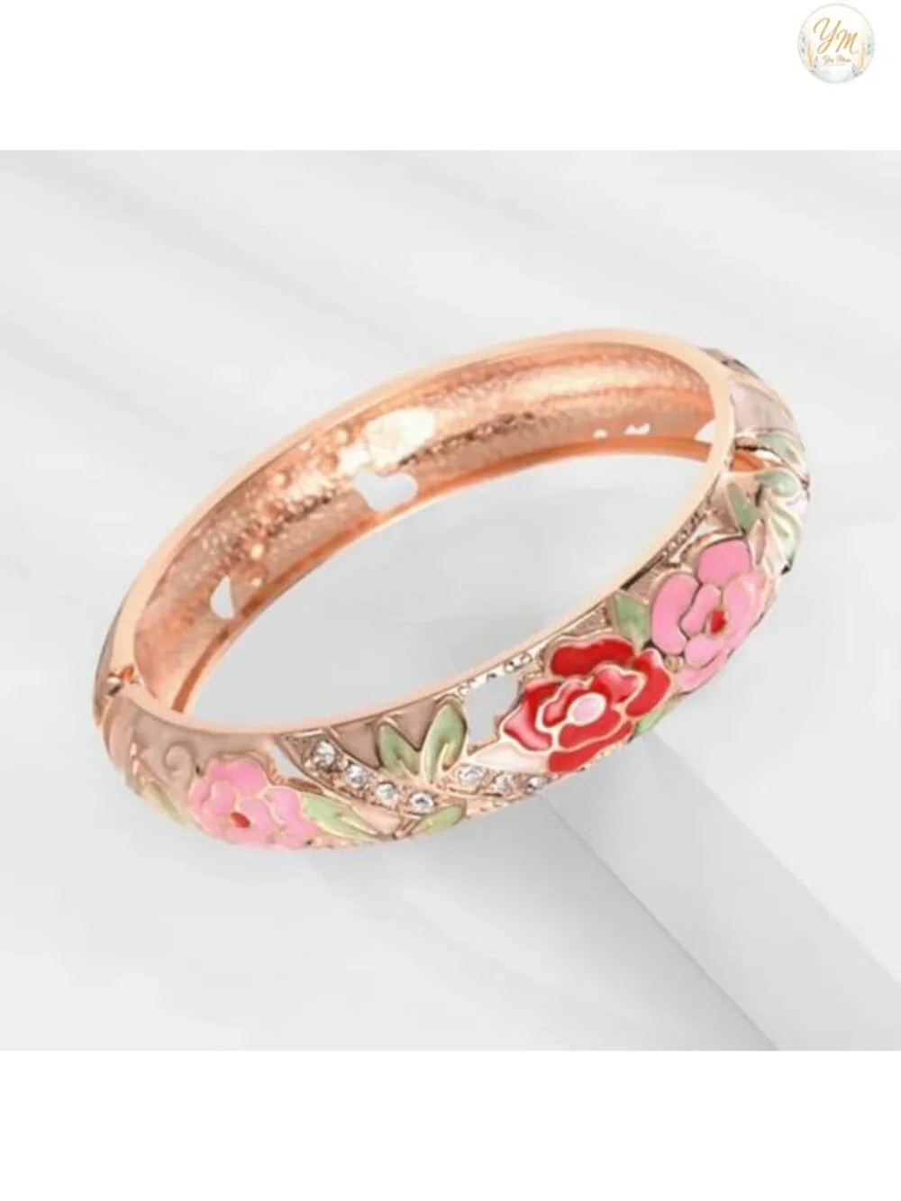 Vintage Cloisonne Enamel Rhinestone Hinged Cuff Bracelet Bangle